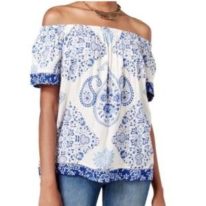 Lucky Brand | Women’s Off-Shoulder Peasant Top in Blue Paisley | S